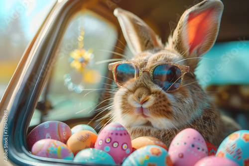 A cute Easter bunny wearing sunglasses looks out of a car filled with Easter eggs, bringing joy and a festive atmosphere to the holiday celebration.