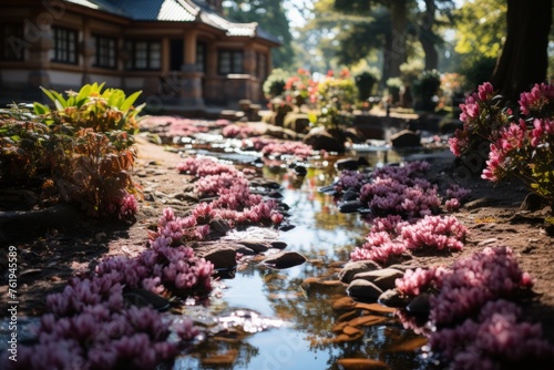 A stream flows past purple flowers in a garden  with a house in the background