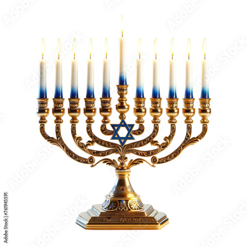 Menorah with lit candles, isolate on white background