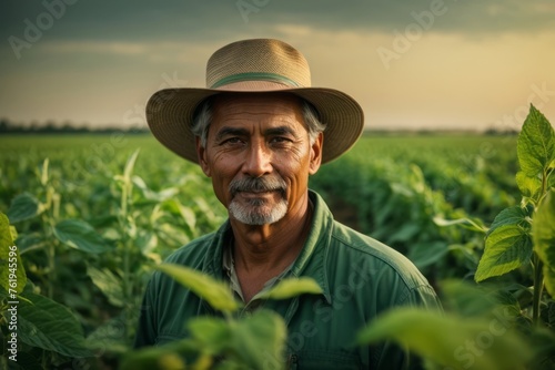 senior farmer stands in green soybean field. agriculture, farming and harvesting concept
