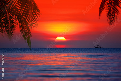 Sunset on tropical island sea beach panorama, ocean sunrise panoramic landscape, palm tree leaves silhouette, colorful orange red sky, yellow sun reflection, blue water waves, summer holiday, vacation © Vera NewSib