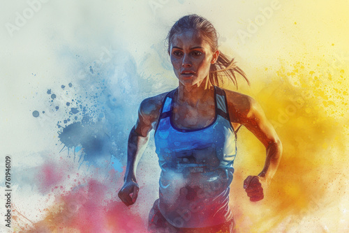 Athletic athlete in action, woman colourful watercolour with copy space