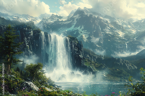 Beautiful landscape of waterfall and mountain. Created with Ai