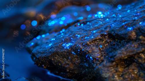 A closeup of bioluminescent algae with each tiny cell emitting a subtle blue light that creates a soft glow on the rock it clings to.