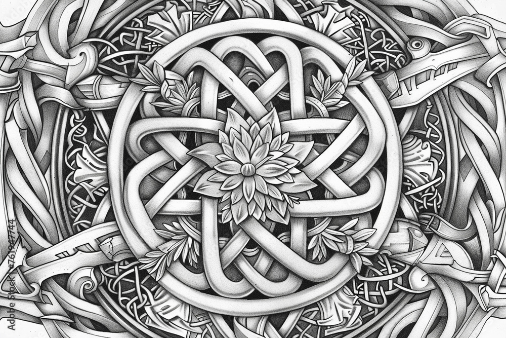 Detailed celtic knotwork with floral center in monochrome.
