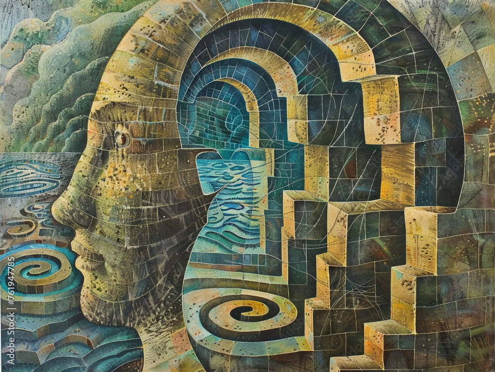 Mosaic artwork of a human face with labyrinthine patterns, evoking ...