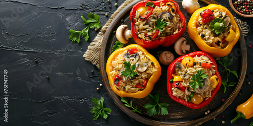 Top View Vegan Stuffed Bell Peppers With Quinoa And Black Beans