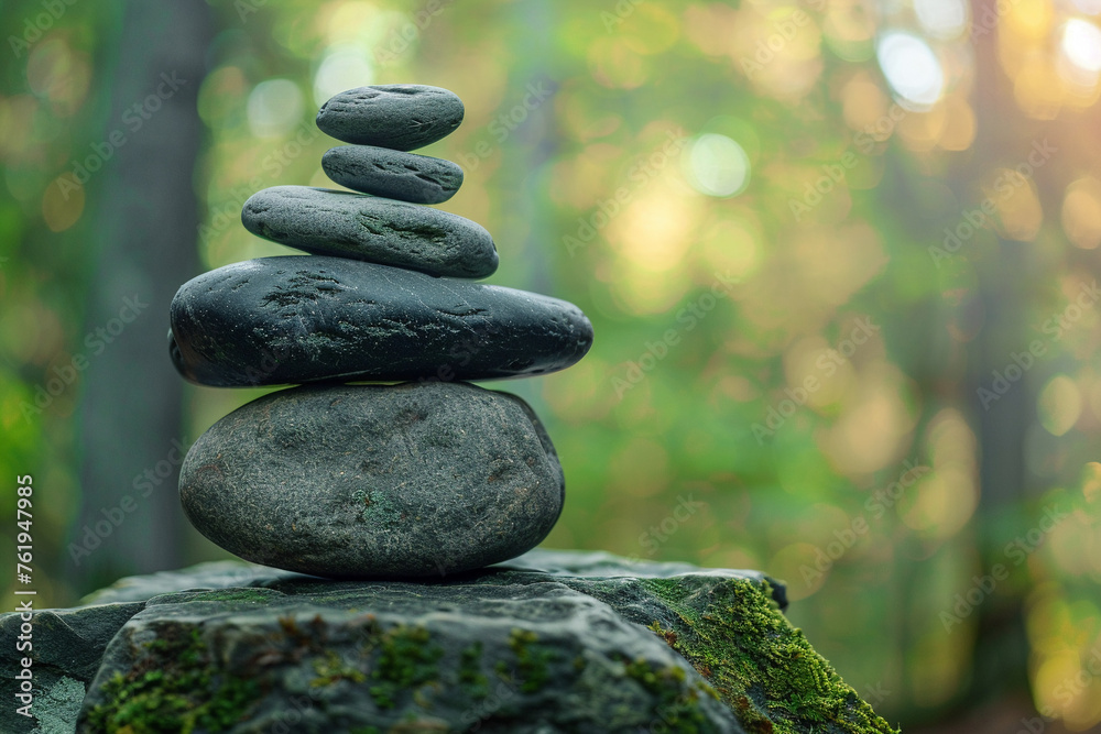 Zen-like balance of stacked stones in a tranquil forest evoking calmness and meditation. Zen-like balance of stacked stones in a tranquil forest evoking calmness and meditation.