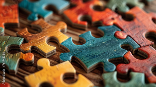 Jigsaw puzzle pieces close-up, capturing the challenge of problem-solving and fitting pieces together. © pprothien