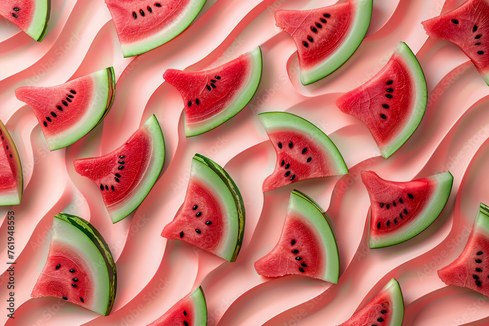 Vibrant pattern of fresh watermelon slices arranged neatly on a soft pink background. Vibrant pattern of fresh watermelon slices arranged neatly on a soft pink background.