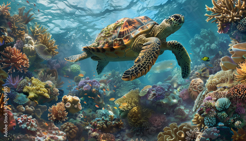 A sea turtle glides through a vibrant underwater coral reef teeming with marine life