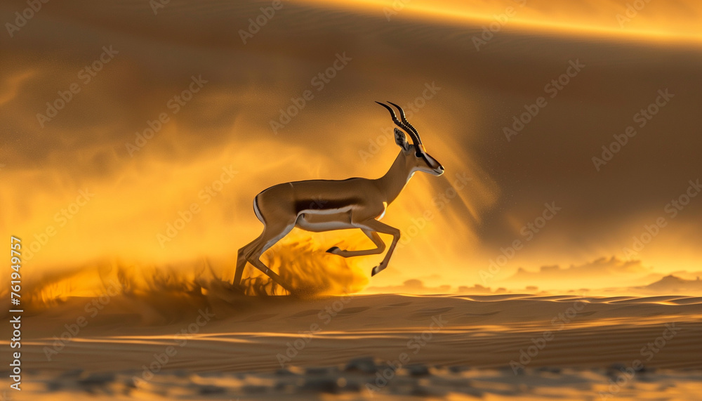A gazelle gracefully runs across the sand dunes under a golden sunset ...