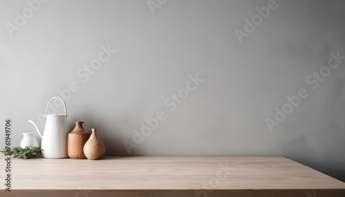 empty clean table in front of kitchen, modern interior design 