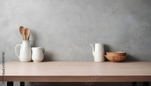 empty clean table in front of kitchen, modern interior design	
