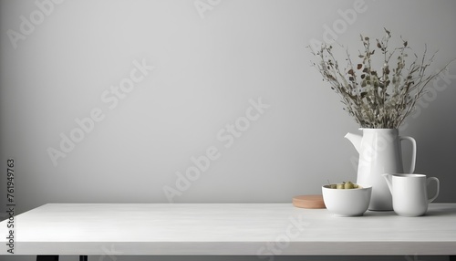 empty clean table in front of kitchen  modern interior design  