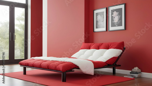 a futon bed in red modern room