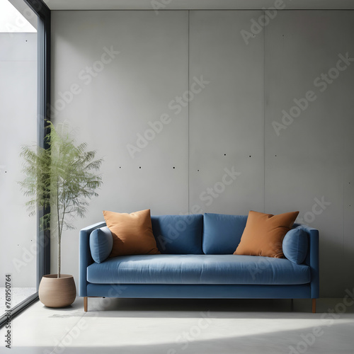 Minimalist interior design of modern living room home Blue sofa near opening door against concrete wall with copy space