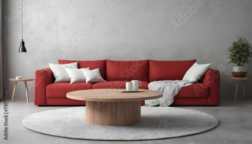 Scandinavian interior design of modern living room, home. Round wooden coffee table near red sofa with white pillows against blank concrete wall with copy 