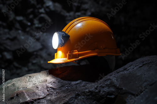 Yellow miners safety helmet with head lamp on the coal mining background.ai generative