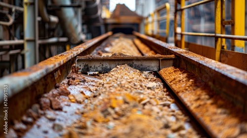 A closeup of a conveyor belt carrying purified bauxite ready to be fed into the smelting furnace. photo