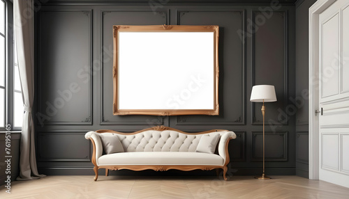 ultra modern cabriole near paneling wall with empty poster frame with copy space. Home interior design
