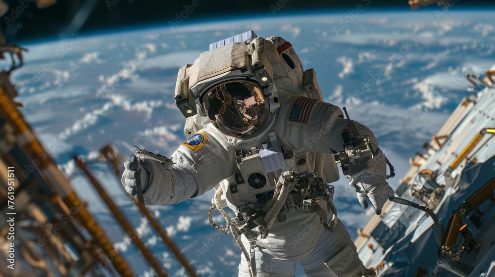 Fototapeta premium An astronaut suited up and preparing for a spacewalk outside of the station with Earth visible in the background.