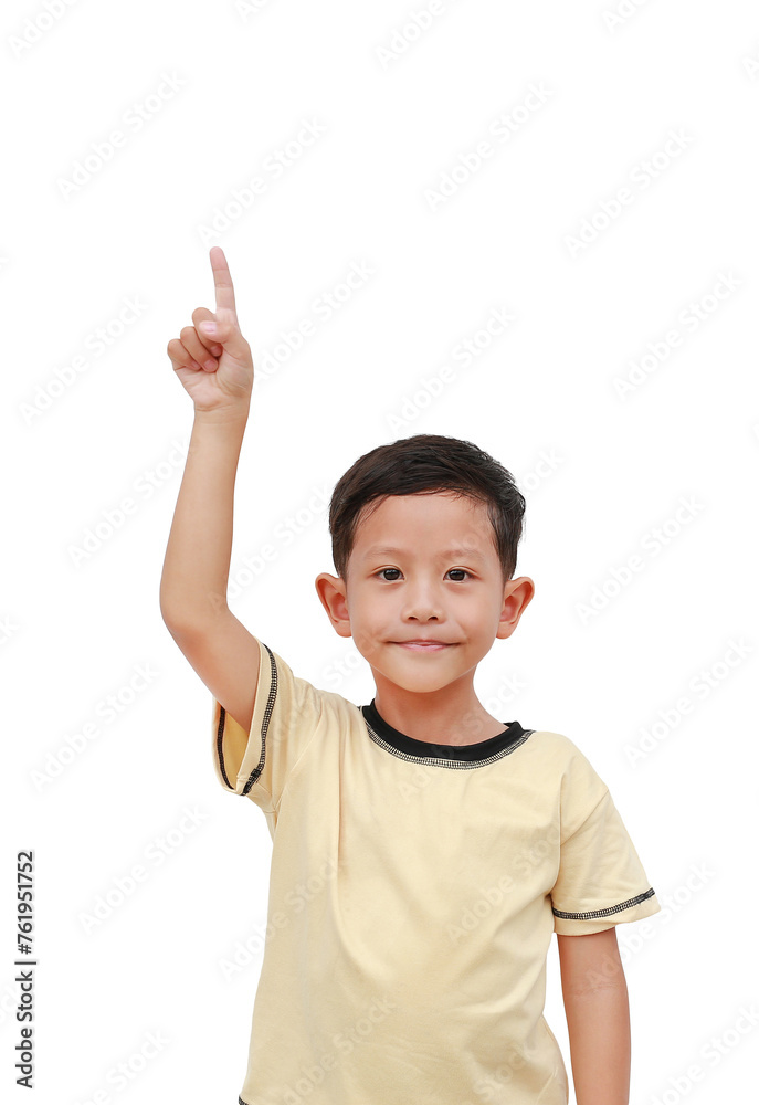 Portrait of Asian little boy kid pointing up isolated on white background. Portrait of Asian little boy kid pointing up isolated on white background.