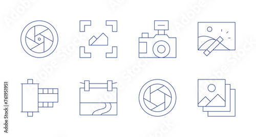 Photography icons. Editable stroke. Containing imagecorrection, landscape, images, photography, filmroll, lens, aperture.
