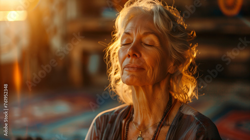 Senior woman meditating, basking in the golden sunlight, eyes closed.