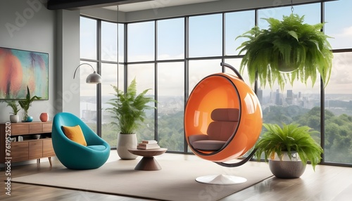 A pod chair designed to mimic the appearance of floating bubbles, located in a contemporary living room filled with potted ferns and large windows offering panoramic views. photo