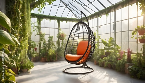 An angular pod chair with an invisible structure, positioned within a greenhouse-like space, surrounded by hanging vines and bathed in diffused natural light.