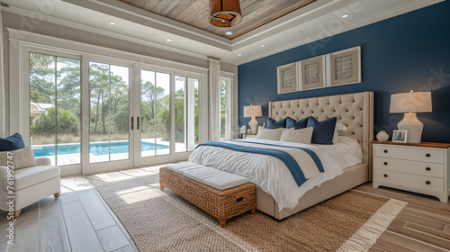 Bedroom - Beach house - blue with light brown trim - meticulous symmetry - coastal design - casual flair - windows 