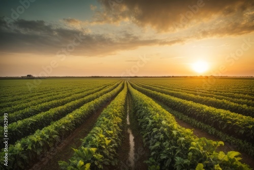 Agricultural soybean plantation in the field with sunset. agriculture  farming and harvesting concept
