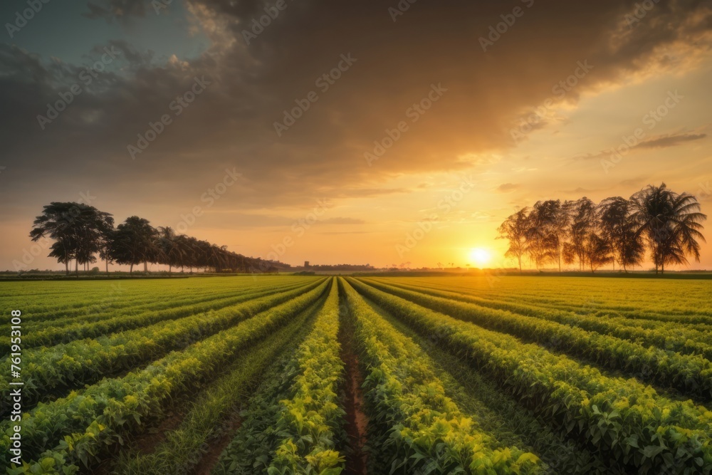 Agricultural soybean plantation in the field with sunset. agriculture, farming and harvesting concept