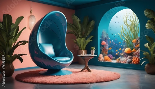A pod chair inspired by the depths of the ocean, with a fluid, wave-like design, placed in an underwater-themed room adorned with shells and coral-like plants.