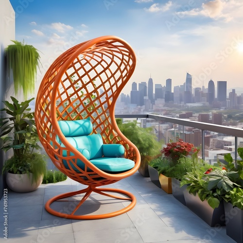 pod chair featuring a unique, lattice-like structure, set amidst an urban rooftop garden with cascading plants and a panoramic city view.