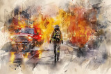Firefighter woman walking near fire engine with yellow splash watercolor