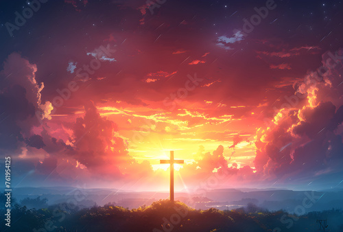 A spiritual illustration of Jesus on the cross, with a background of light, stars, and the holy Bible. Suitable for religious events and artwork. photo