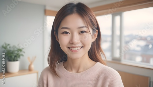 Portrait of a Cheerful Asian Japanese, Korean young woman, girl. close-up. smiling. at home, indoor.