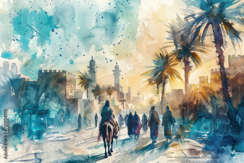 Jesus riding a donkey to Jerusalem, palm sunday, blue watercolor photo