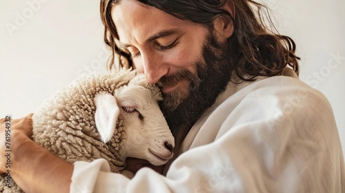 Jesus as a shepherd holding a lamb gently photo