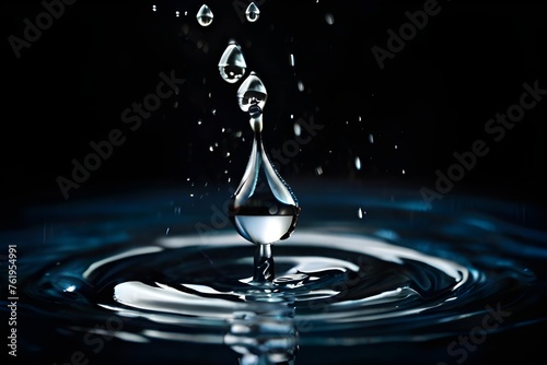 Shape form droplet of Water splashes into drop water attack fluttering in air. Splash Water for texture graphic resource elements, black background isolated selective focus blur Generative AI
