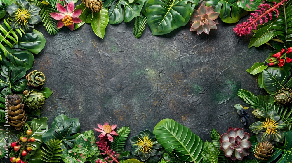Tropical plants and flowers are framed on a dark background. A flat lay leaves space for text.