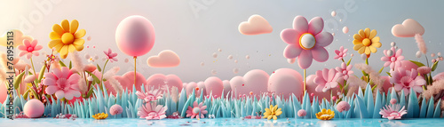 3d render whimsical landscape filled with stylized, colorful flowers and playful clouds, evoking a cheerful, fantasy atmosphere.