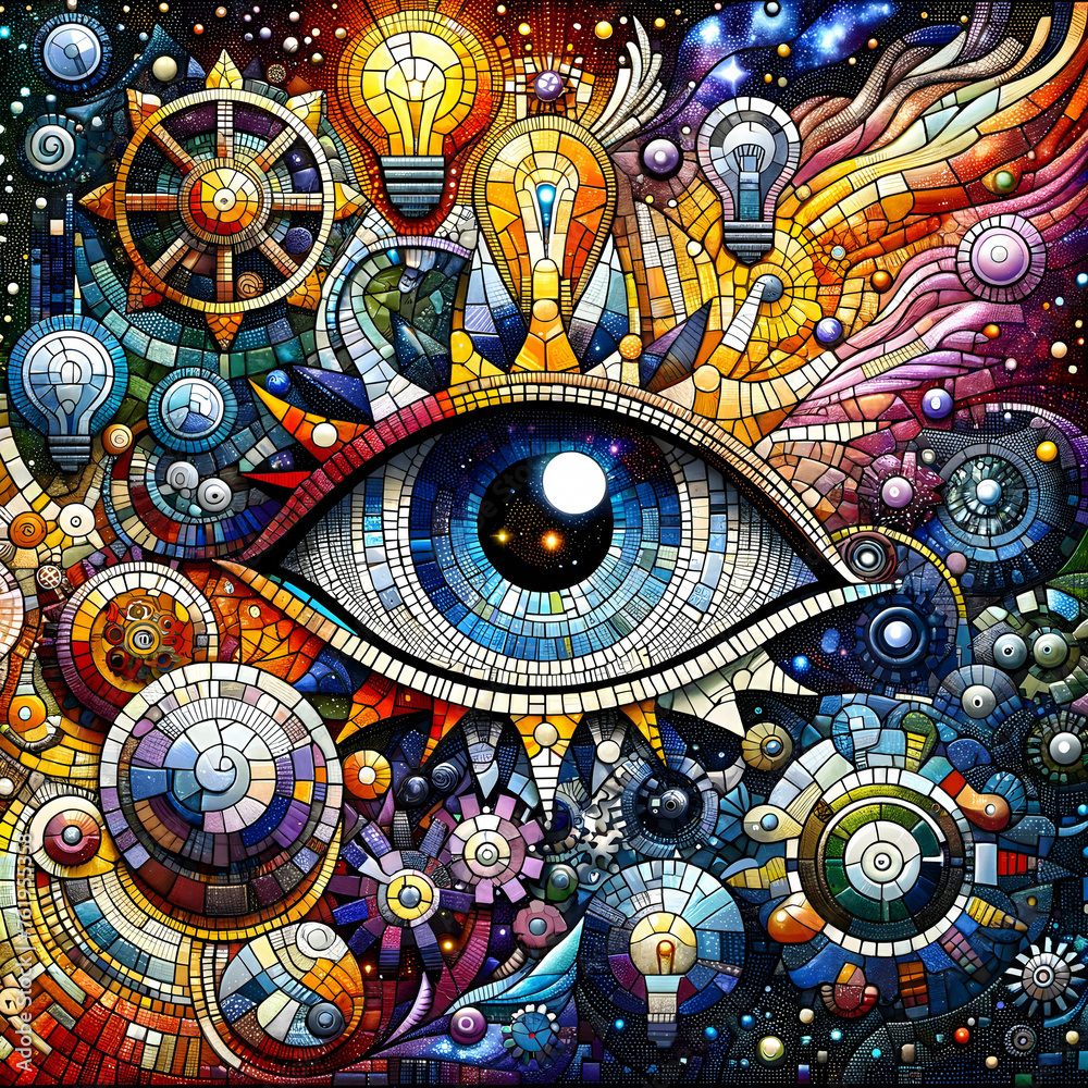 A mesmerizing mosaic art piece centered around the theme of an eye, A mesmerizing mosaic art piece centered around the theme of an eye,