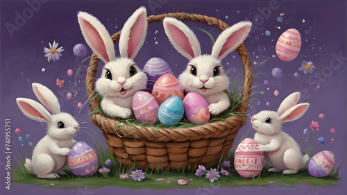Ai generated Happy Easter, cute bunny with colorful easter eggs with a happy expression with a basket filled with easter eggs background to decorate your holiday © LordOttori