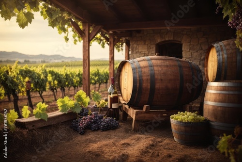 Vintage wine barrels in vineyard with grape field, agriculture, farming and harvesting concept