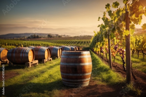 Vintage wine barrels in vineyard with grape field, agriculture, farming and harvesting concept