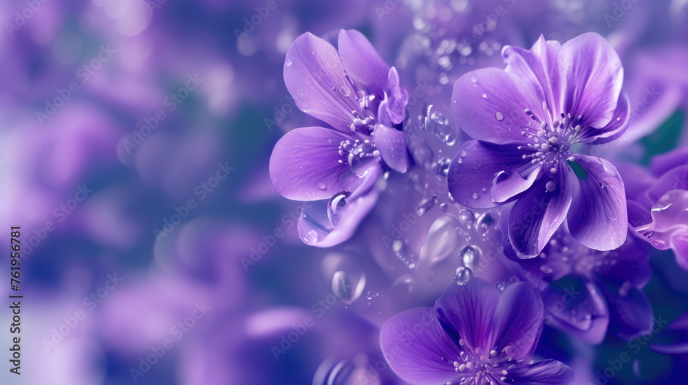 purple flowers surrounded by water droplets. copy space 