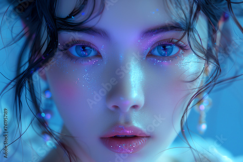 キラキラのラメの幻想的な青い瞳の女性